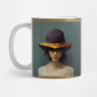 Peeking from beneath the brim, this shy  girl has a wonderful hat. Mug